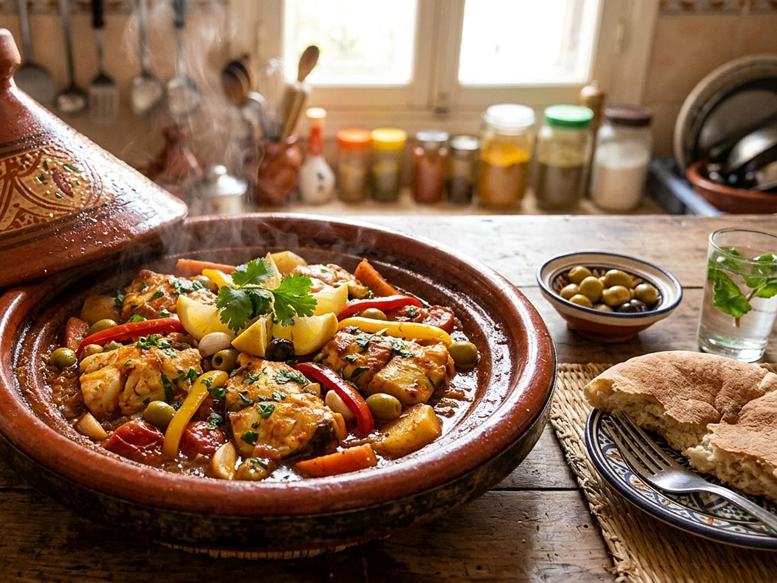 Moroccan fish tagine — white fish in chermoula over sliced potatoes, tomatoes and peppers with olives and preserved lemon